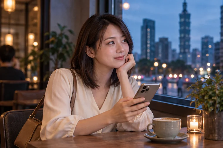 AI 情境示意：一名女性坐在咖啡館拿著手機，思考下一步。
