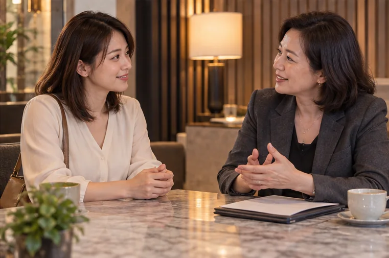 AI 情境示意：兩名女性坐在桌邊交談。