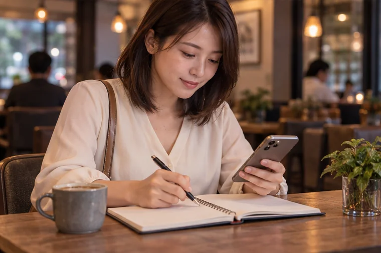 AI 情境示意：一名女性拿著手機，在筆記本寫下想問的事。