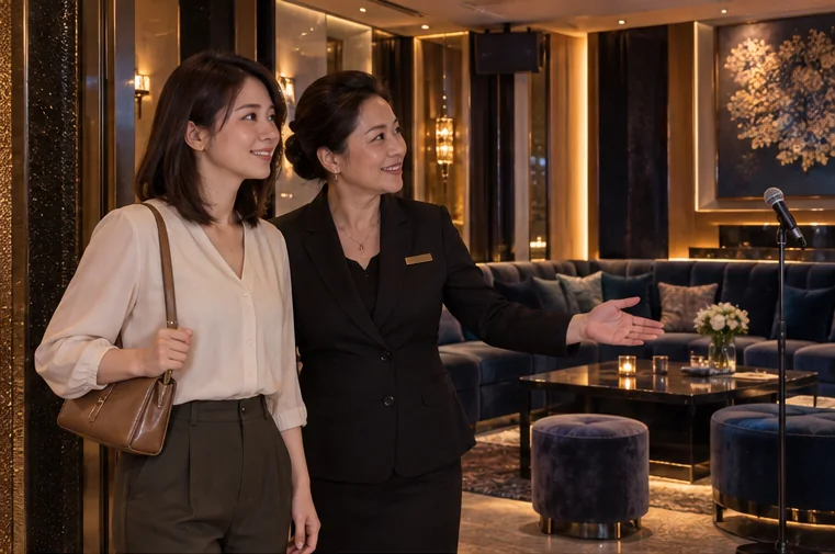 AI 情境示意：兩名女性站在接待空間，旁邊有座位與麥克風。